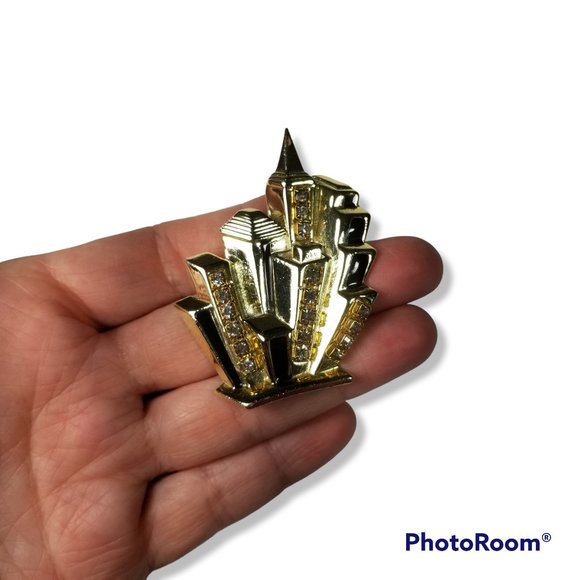 AJC Vintage City Scape Building Brooch Pin Enamel and Rhinestone RARE - Picture 1 of 13